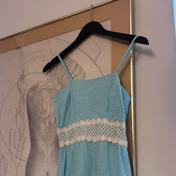 vintage light blue lace polka dot maxi dress daisy lace empire waist - Picture 4 of 13
